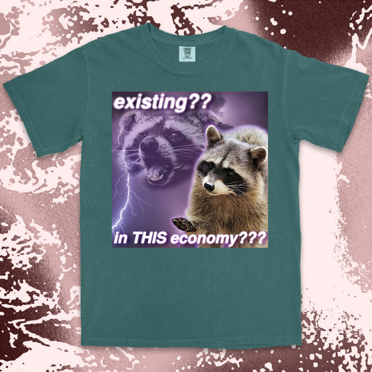 existing in this economy raccoon meme funny existential crisis shirt