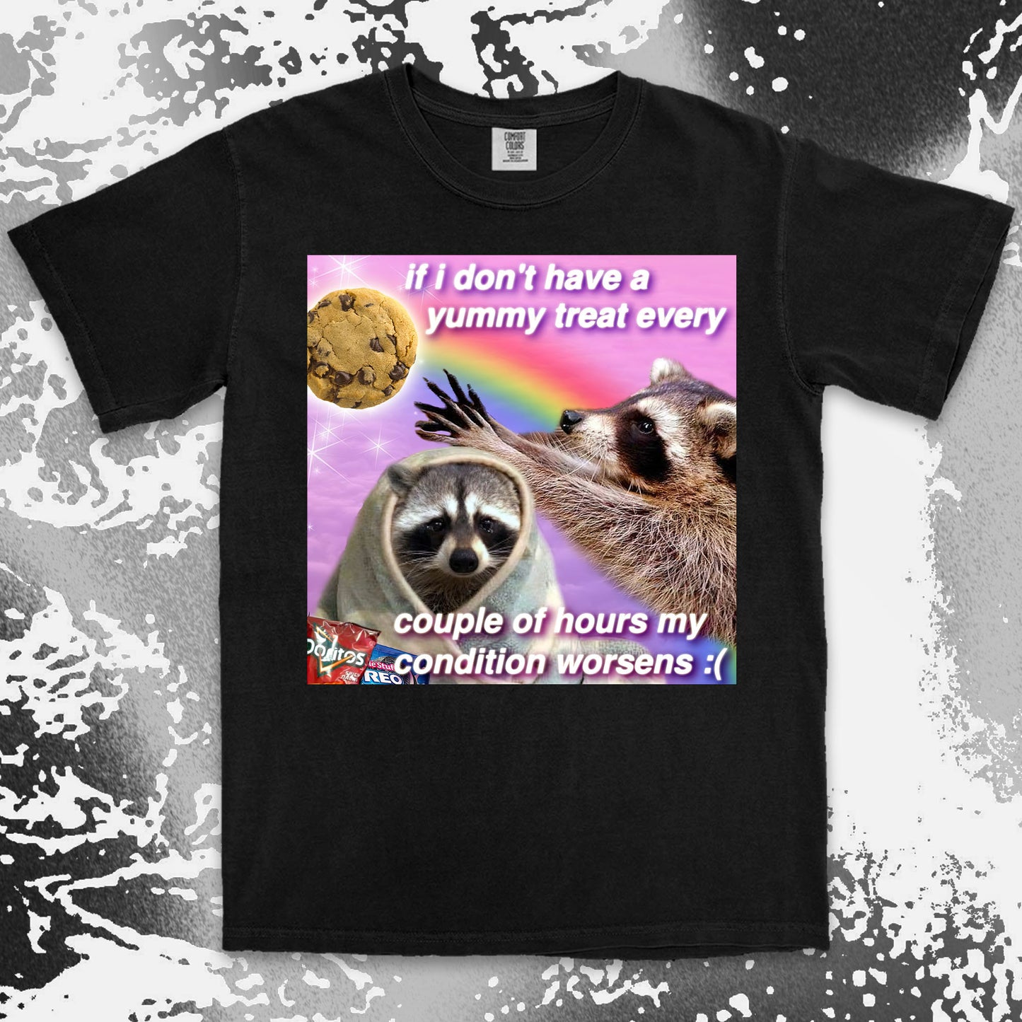 funny raccoon meme shirt yummy treat snack lovers cute chaos aesthetic