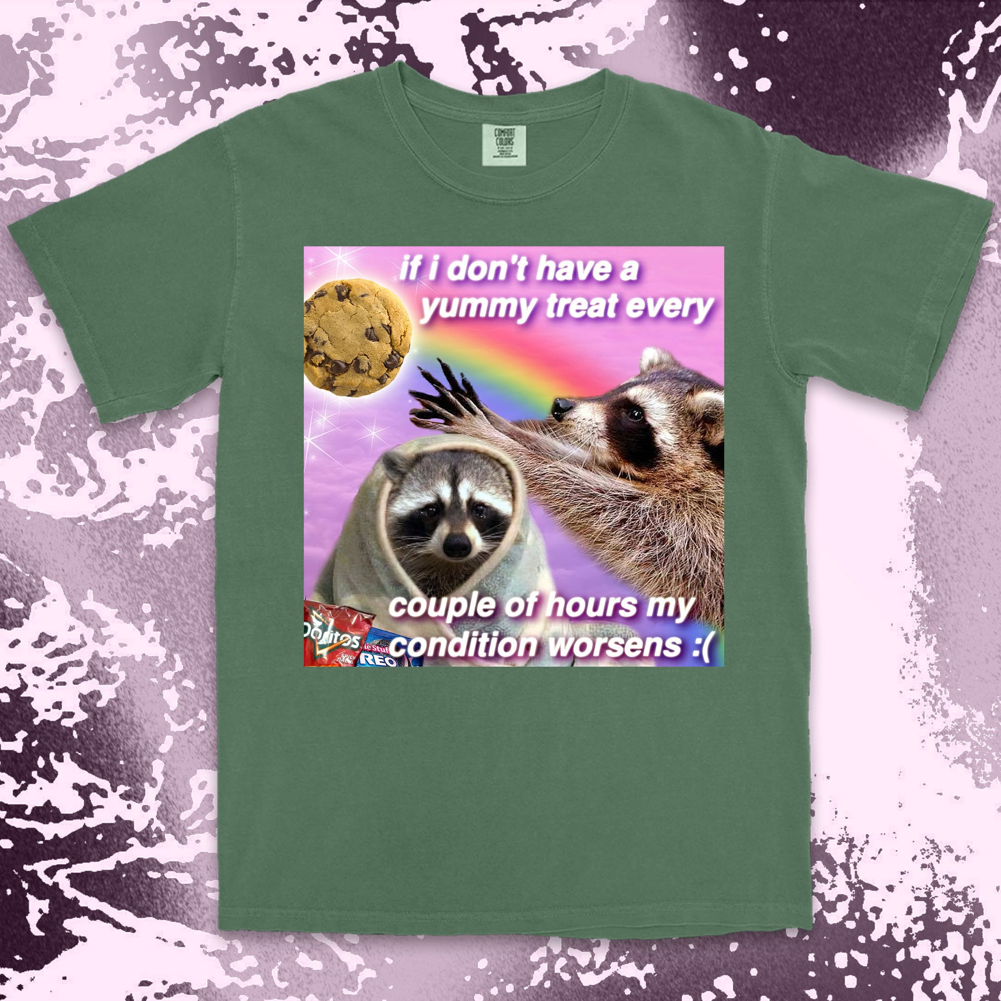 funny raccoon meme shirt yummy treat snack lovers cute chaos aesthetic