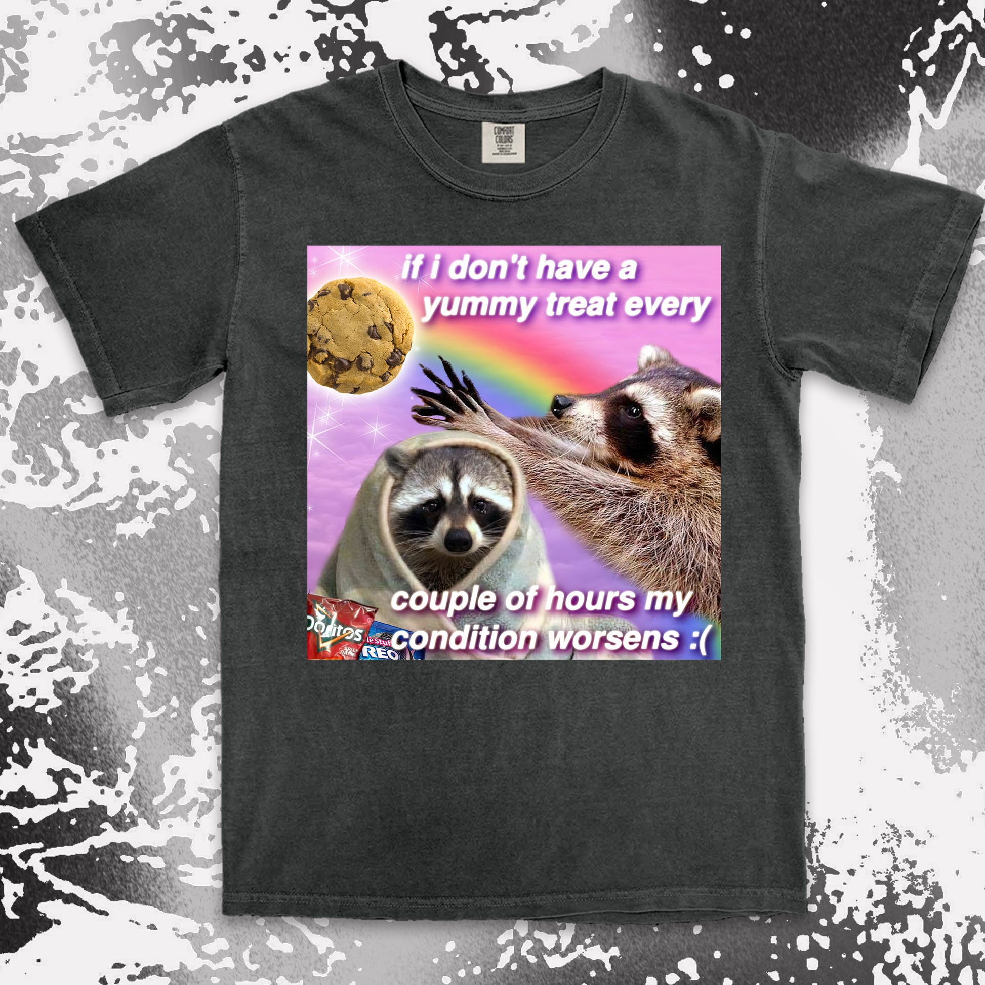 funny raccoon meme shirt yummy treat snack lovers cute chaos aesthetic