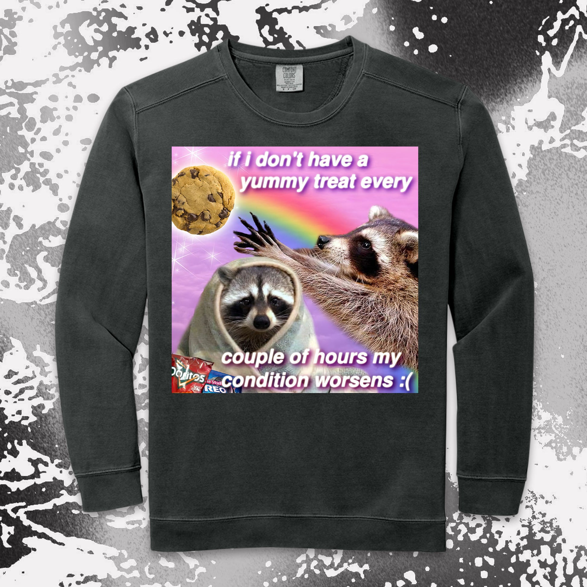 funny raccoon meme shirt yummy treat snack lovers cute chaos aesthetic