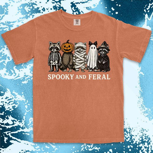 Comfort Color t-shirt with five raccoons in Halloween costumes (skeleton, pumpkin, mummy, ghost, witch) and text “Spooky and Feral.”