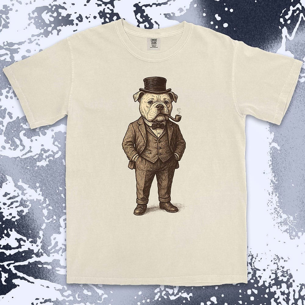 Bulldog gentleman in vintage suit with top hat and smoking pipe classy dog shirt