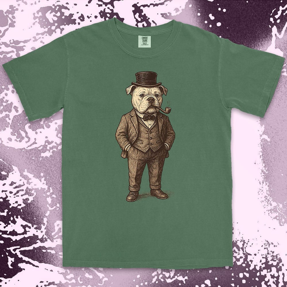 Bulldog gentleman in vintage suit with top hat and smoking pipe classy dog shirt