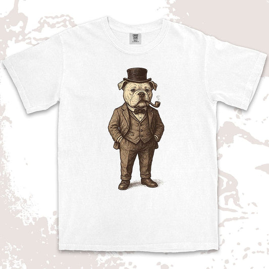 Bulldog gentleman in vintage suit with top hat and smoking pipe classy dog shirt