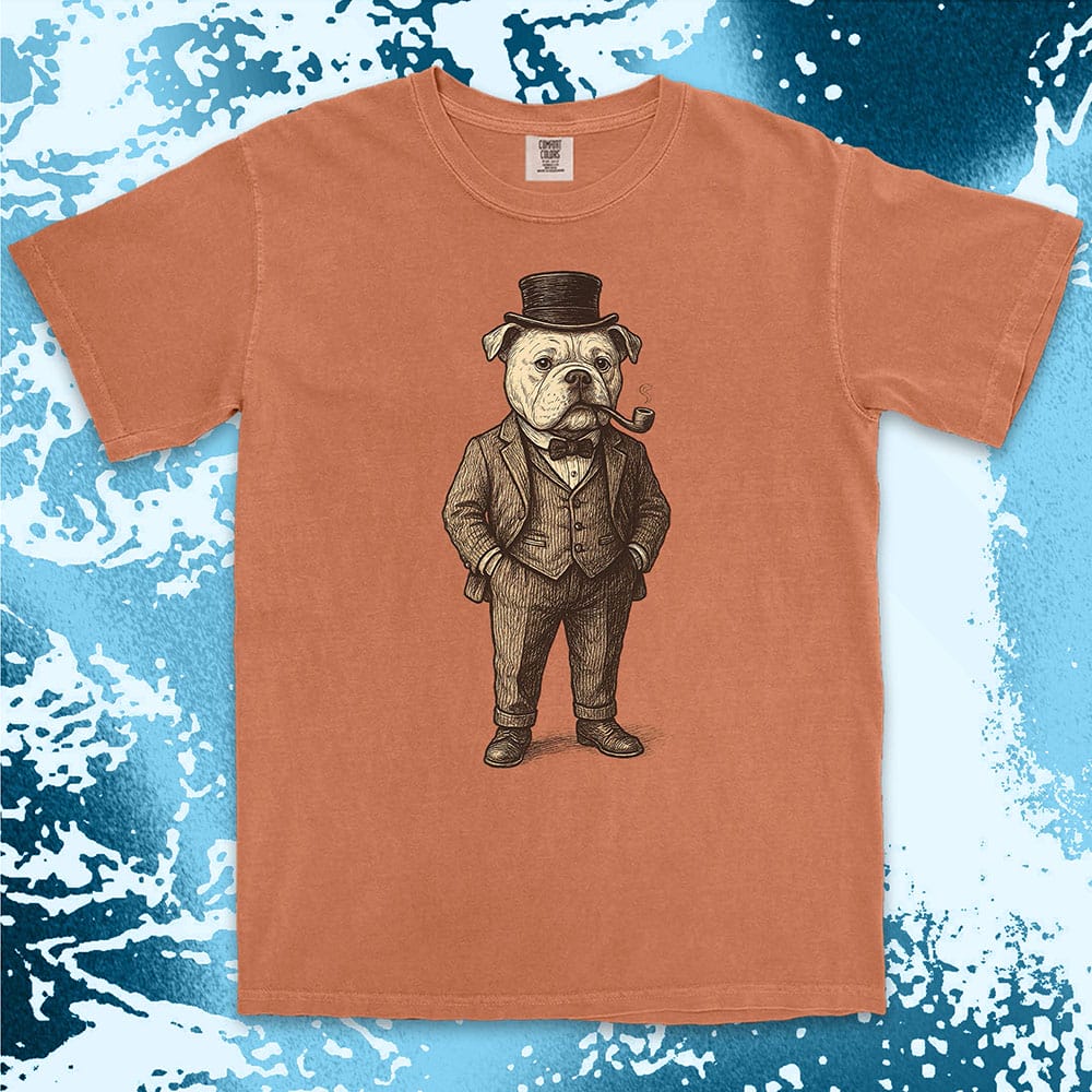 Bulldog gentleman in vintage suit with top hat and smoking pipe classy dog shirt