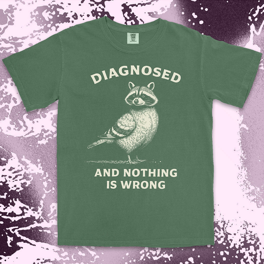 diagnosed and nothing is wrong raccoon shirt funny mental health meme tee