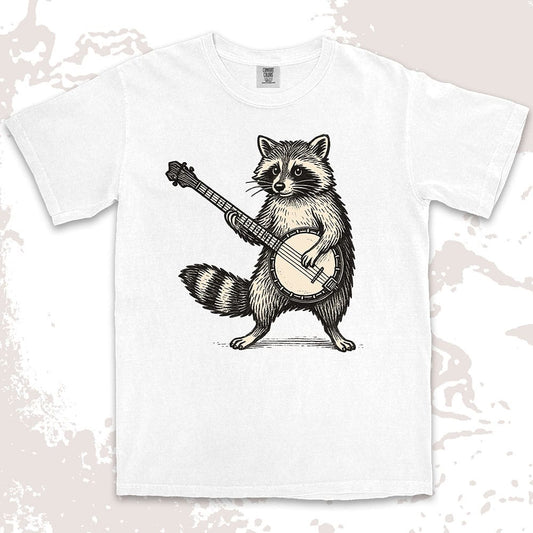 banjo raccoon comfort colors t-shirt playing folk music