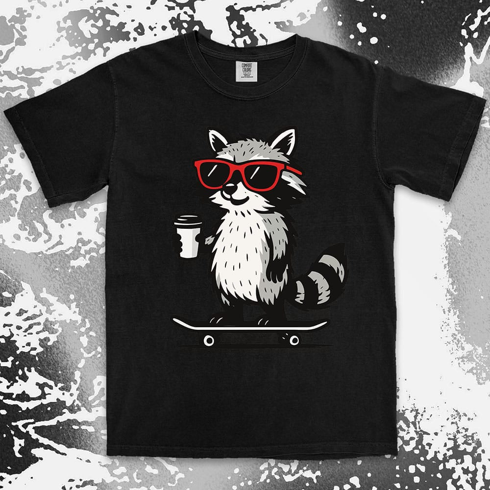 Raccoon with skateboard and coffee, wearing red sunglasses, cool skater raccoon design on Comfort Color t-shirt.