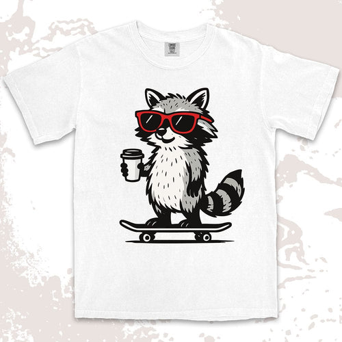 Raccoon with skateboard and coffee, wearing red sunglasses, cool skater raccoon design on Comfort Color t-shirt.