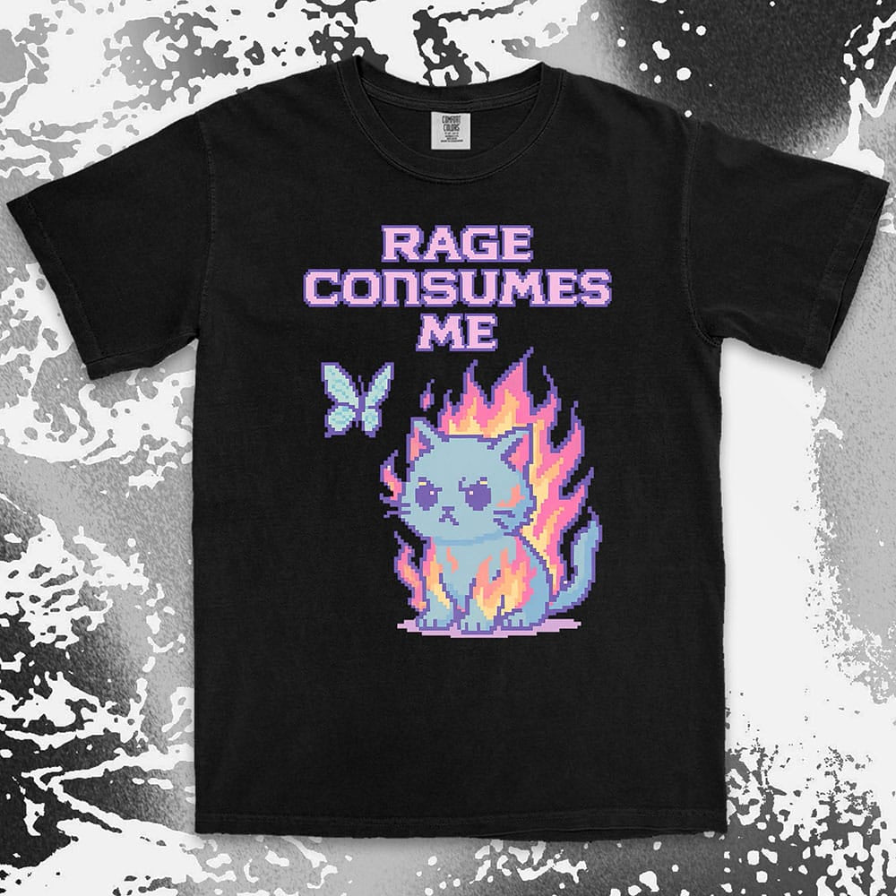 Pixel cat shirt on fire with “Rage Consumes Me” text, funny gamer and meme tee
