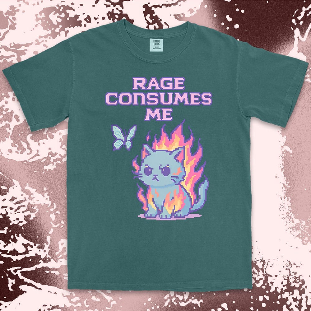 Pixel cat shirt on fire with “Rage Consumes Me” text, funny gamer and meme tee