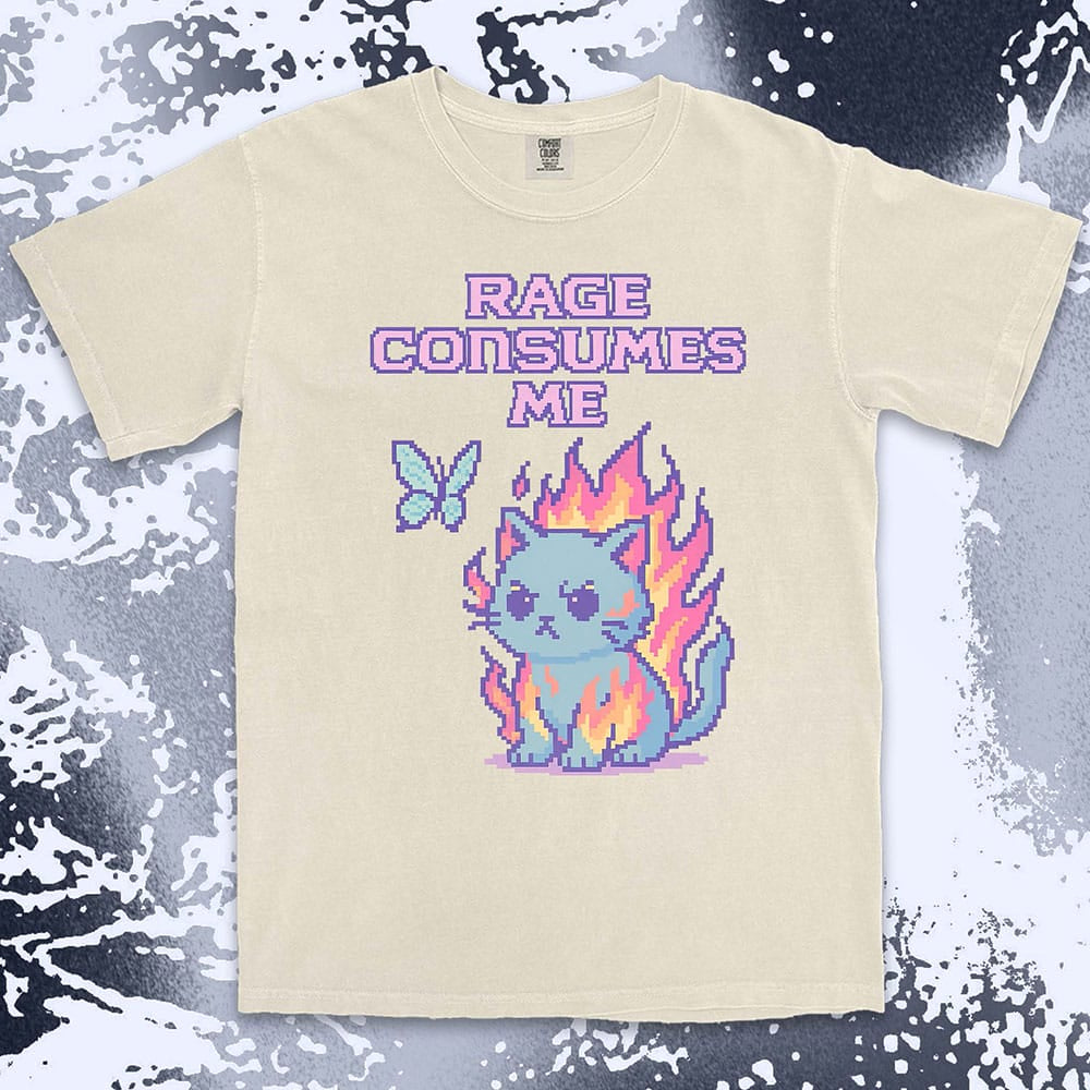 Pixel cat shirt on fire with “Rage Consumes Me” text, funny gamer and meme tee