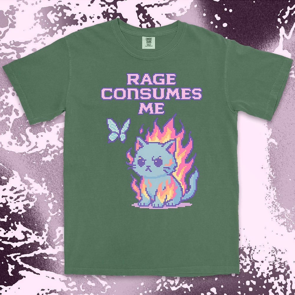 Pixel cat shirt on fire with “Rage Consumes Me” text, funny gamer and meme tee