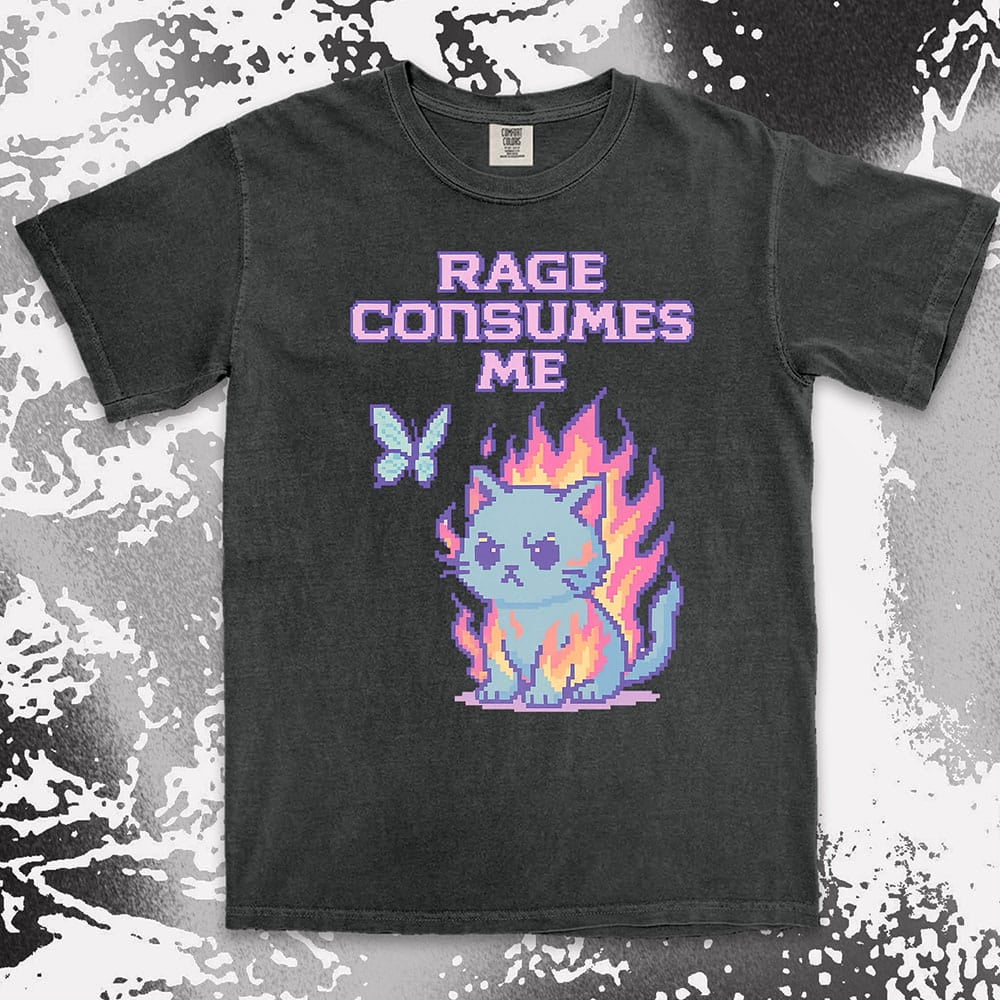 Pixel cat shirt on fire with “Rage Consumes Me” text, funny gamer and meme tee