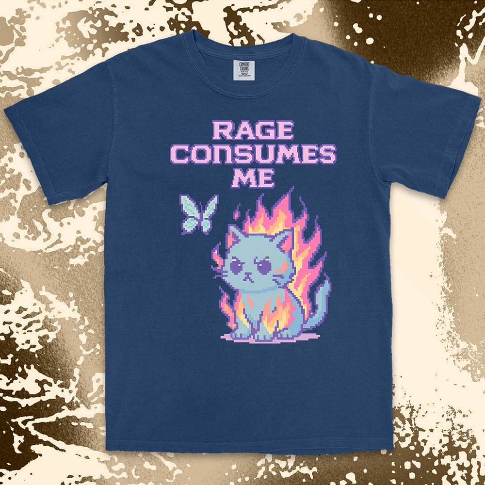 Pixel cat shirt on fire with “Rage Consumes Me” text, funny gamer and meme tee