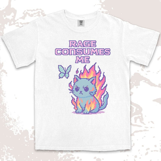 Pixel cat shirt on fire with “Rage Consumes Me” text, funny gamer and meme tee