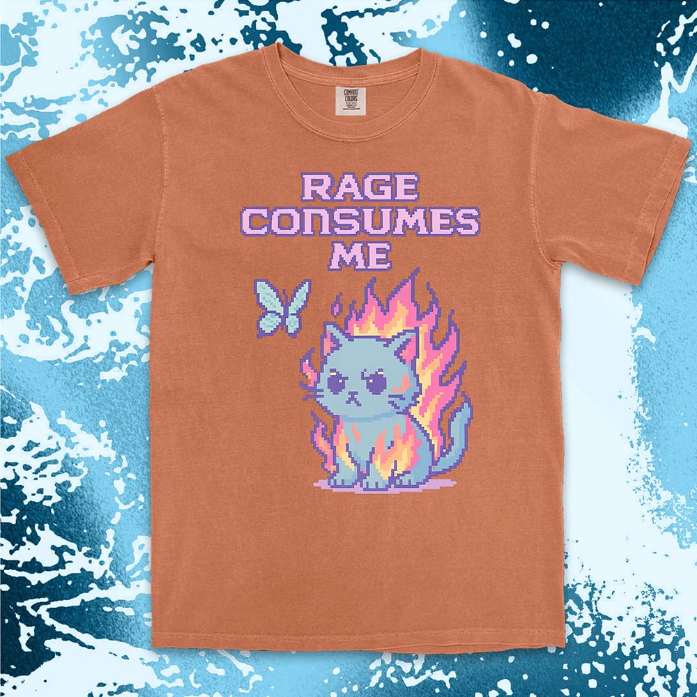 Pixel cat shirt on fire with “Rage Consumes Me” text, funny gamer and meme tee