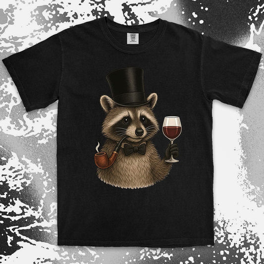 Raccoon shirt featuring a gentleman raccoon in top hat and bow tie, holding a glass of wine and smoking a pipe, on Comfort Color t-shirt.