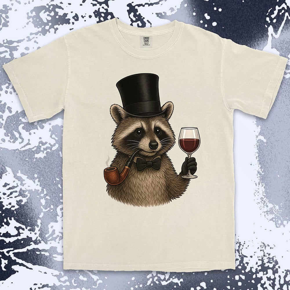 Raccoon shirt featuring a gentleman raccoon in top hat and bow tie, holding a glass of wine and smoking a pipe, on Comfort Color t-shirt.