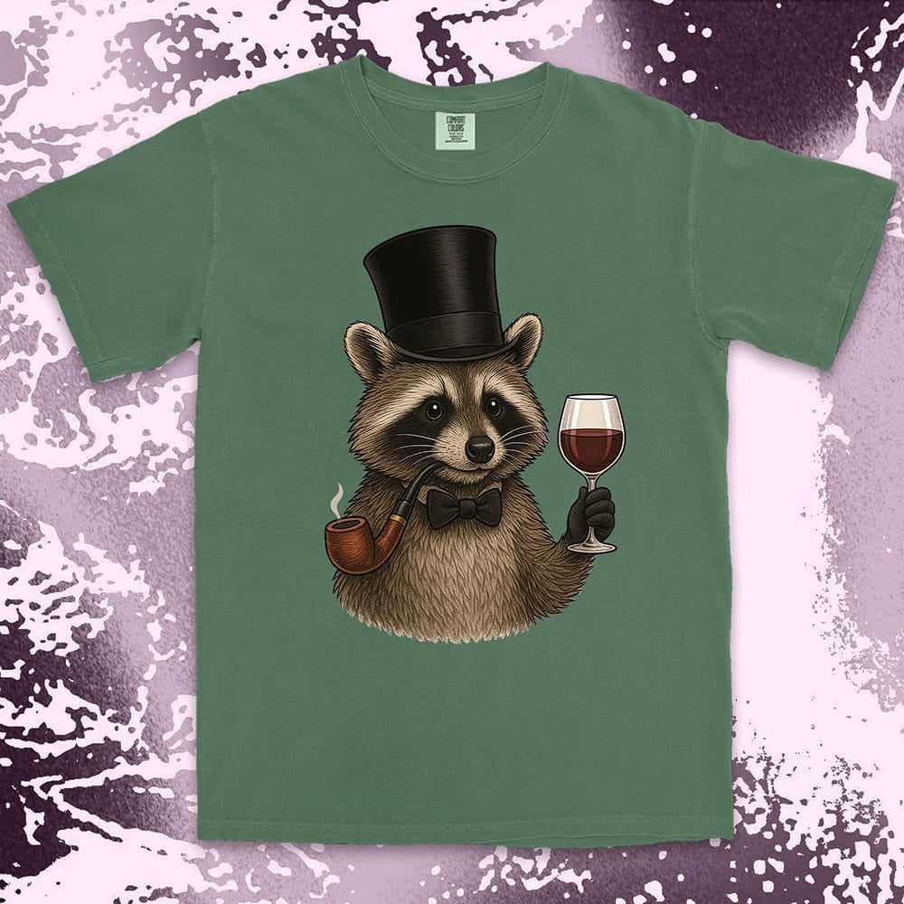 Raccoon shirt featuring a gentleman raccoon in top hat and bow tie, holding a glass of wine and smoking a pipe, on Comfort Color t-shirt.