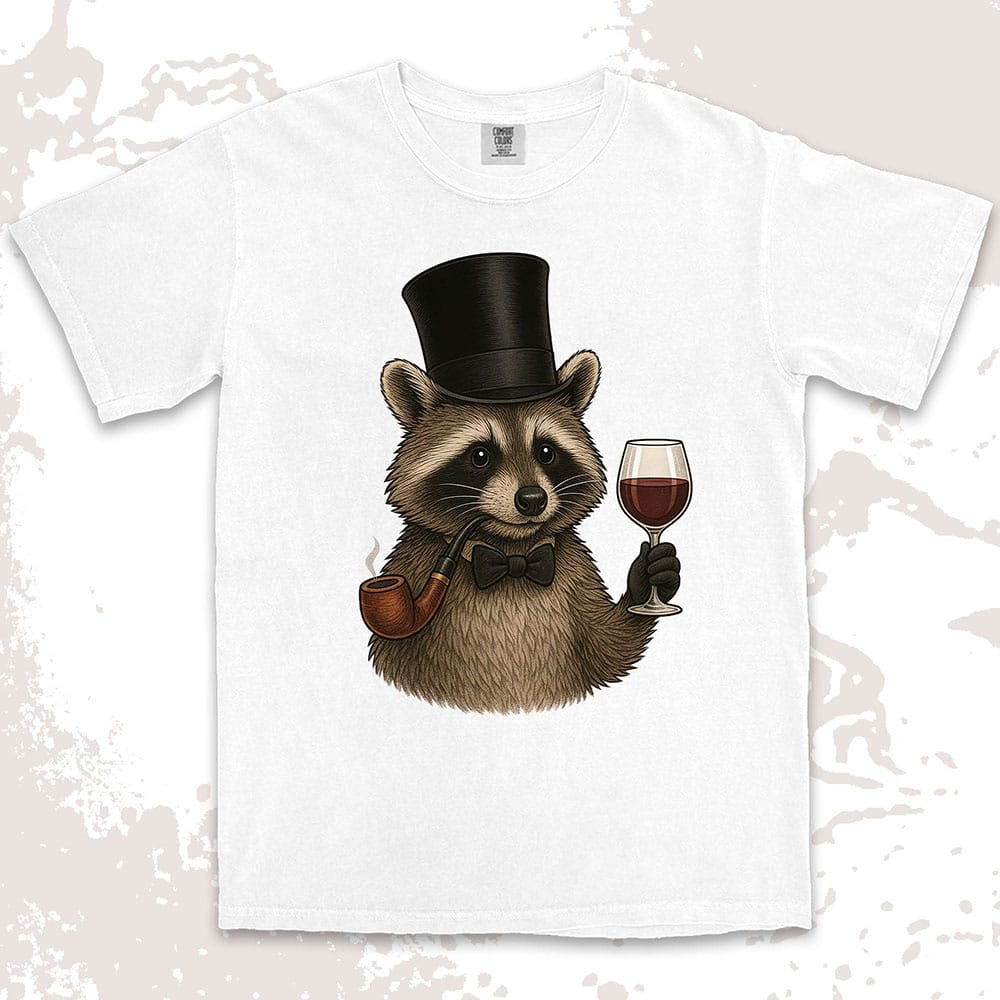 Raccoon shirt featuring a gentleman raccoon in top hat and bow tie, holding a glass of wine and smoking a pipe, on Comfort Color t-shirt.