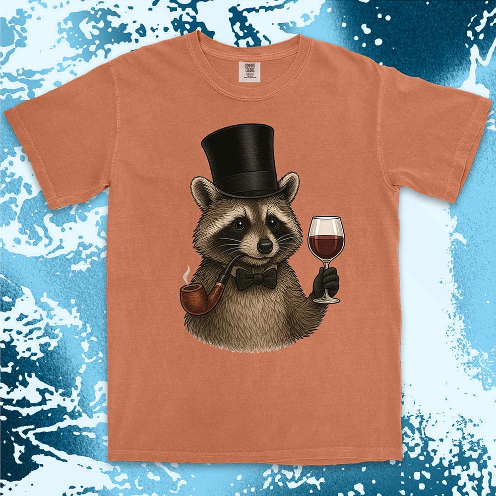 Raccoon shirt featuring a gentleman raccoon in top hat and bow tie, holding a glass of wine and smoking a pipe, on Comfort Color t-shirt.