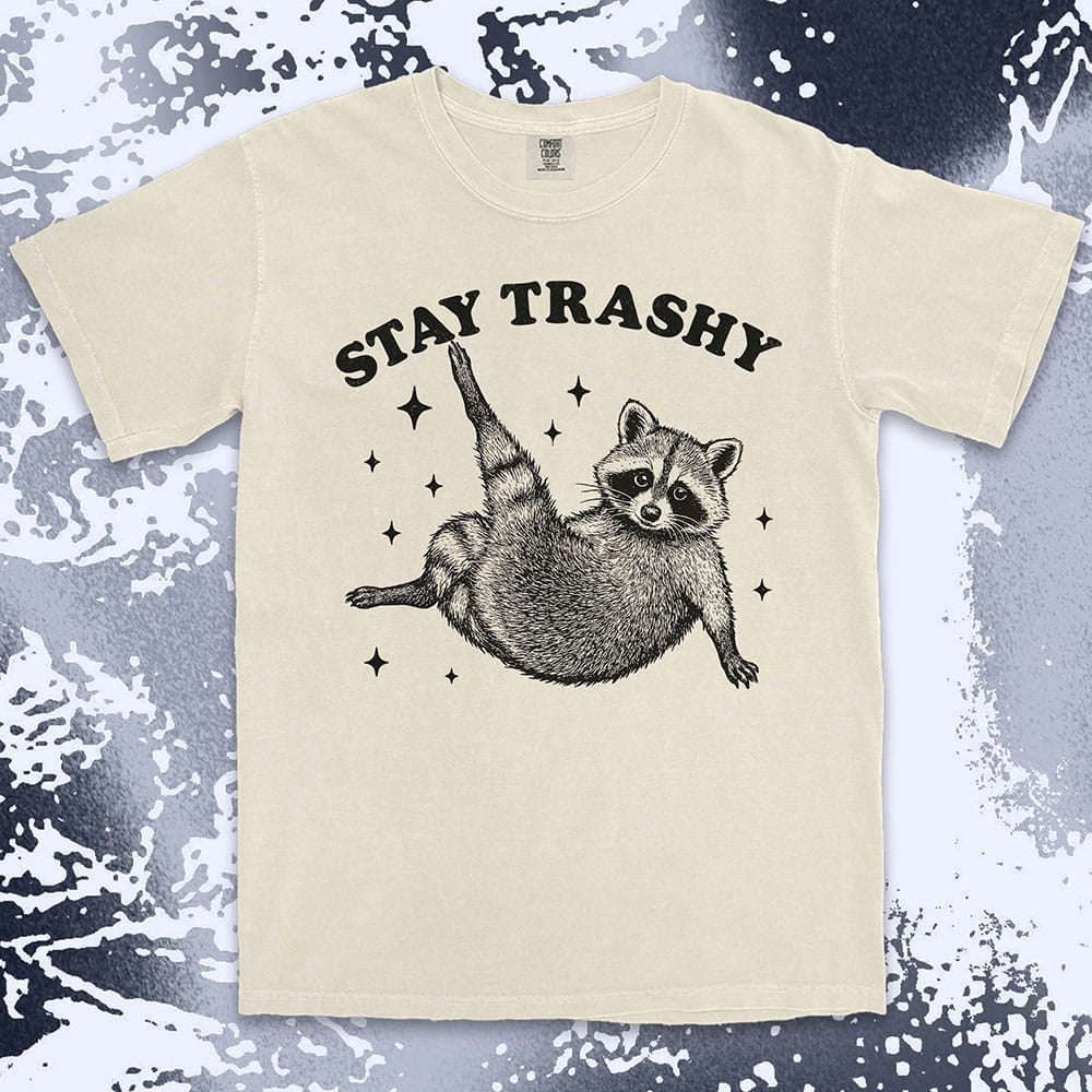 stay trashy raccoon lying on back with sparkles comfort colors t-shirt
