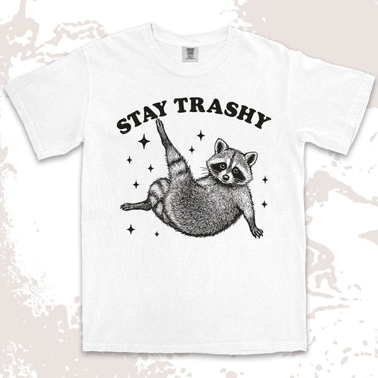 stay trashy raccoon lying on back with sparkles comfort colors t-shirt