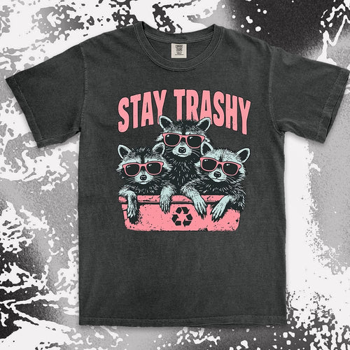 stay trashy raccoon comfort colors t-shirt three raccoons with sunglasses in bin