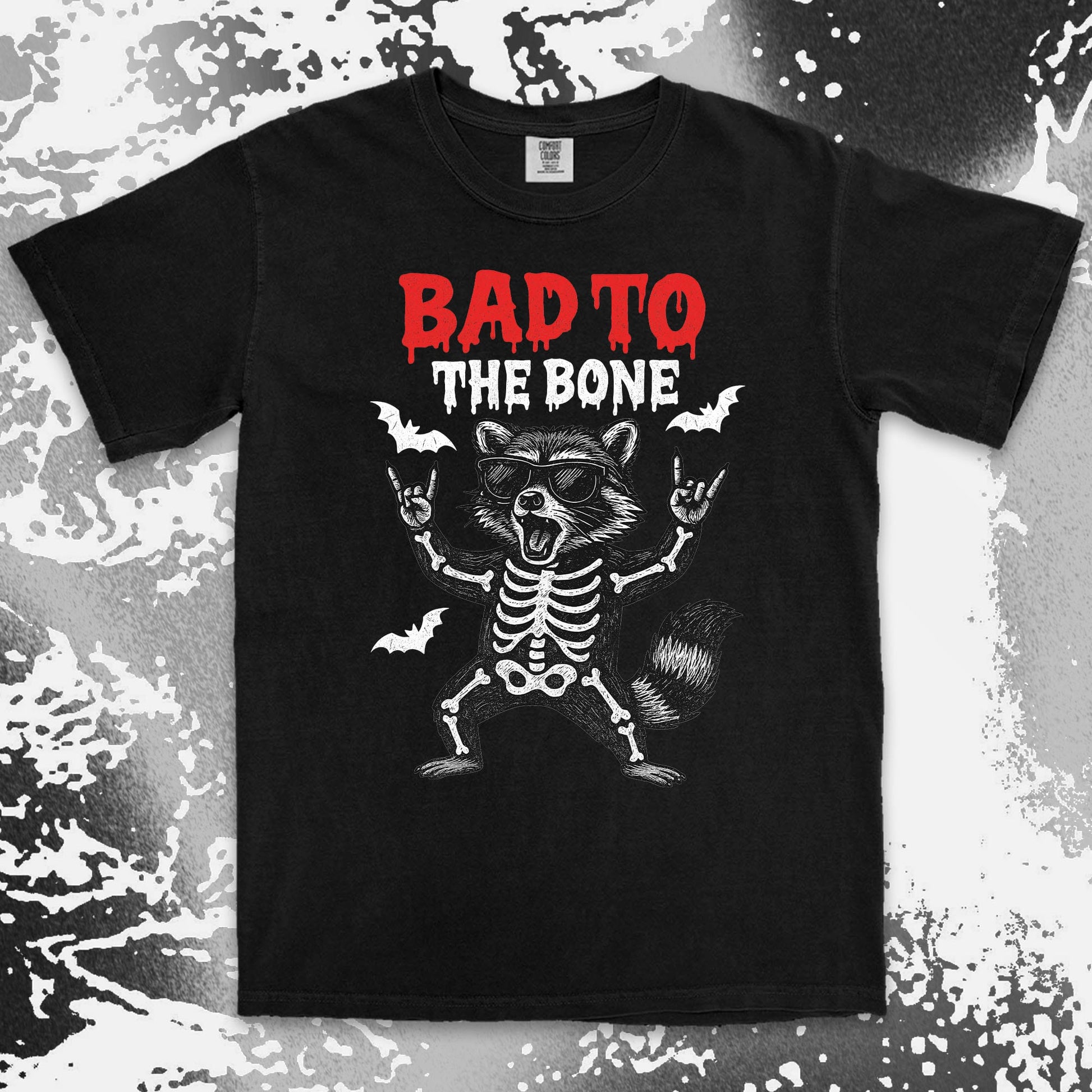 bad to the bone raccoon comfort colors t-shirt with skeleton and bats