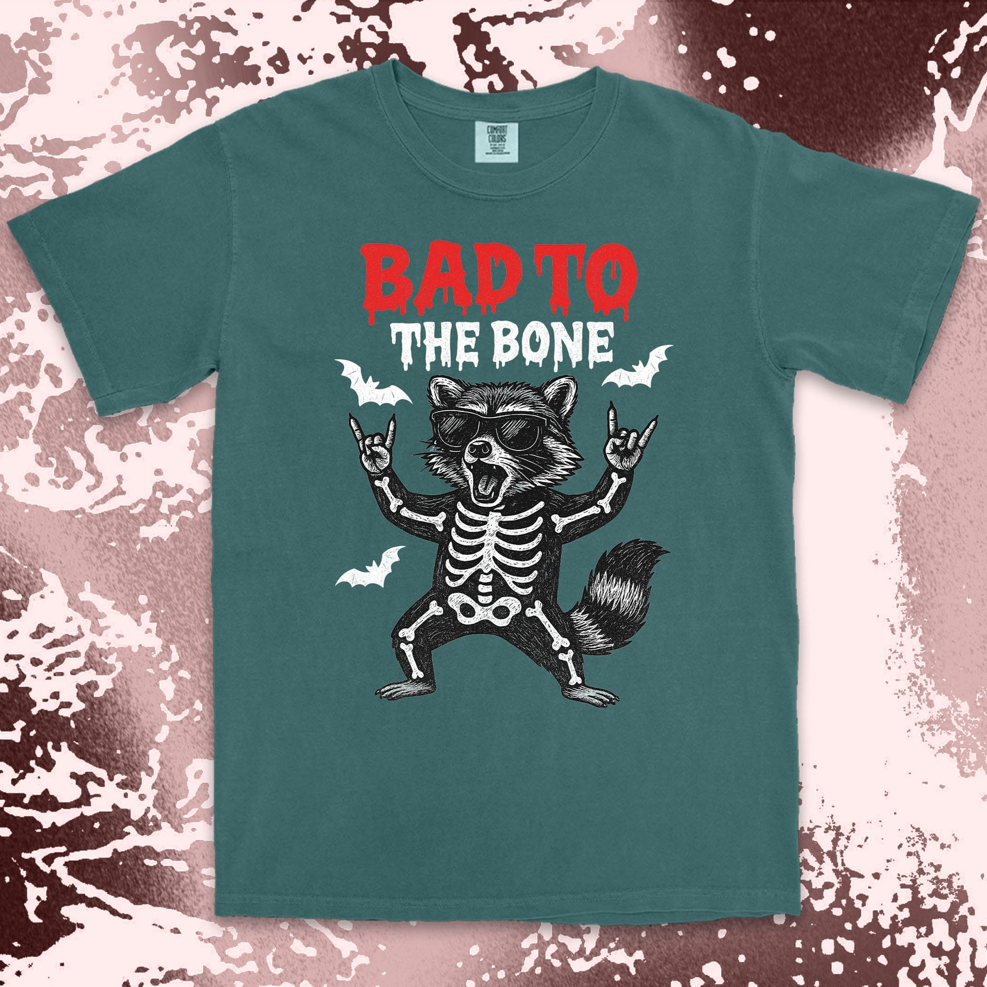 bad to the bone raccoon comfort colors t-shirt with skeleton and bats