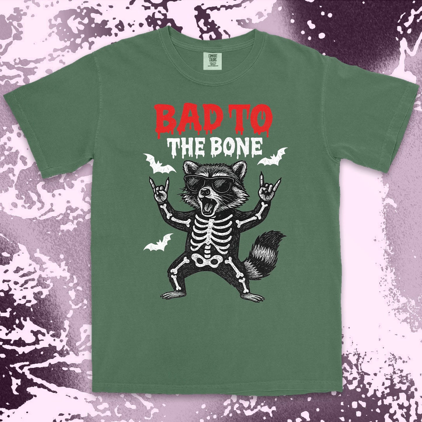 bad to the bone raccoon comfort colors t-shirt with skeleton and bats