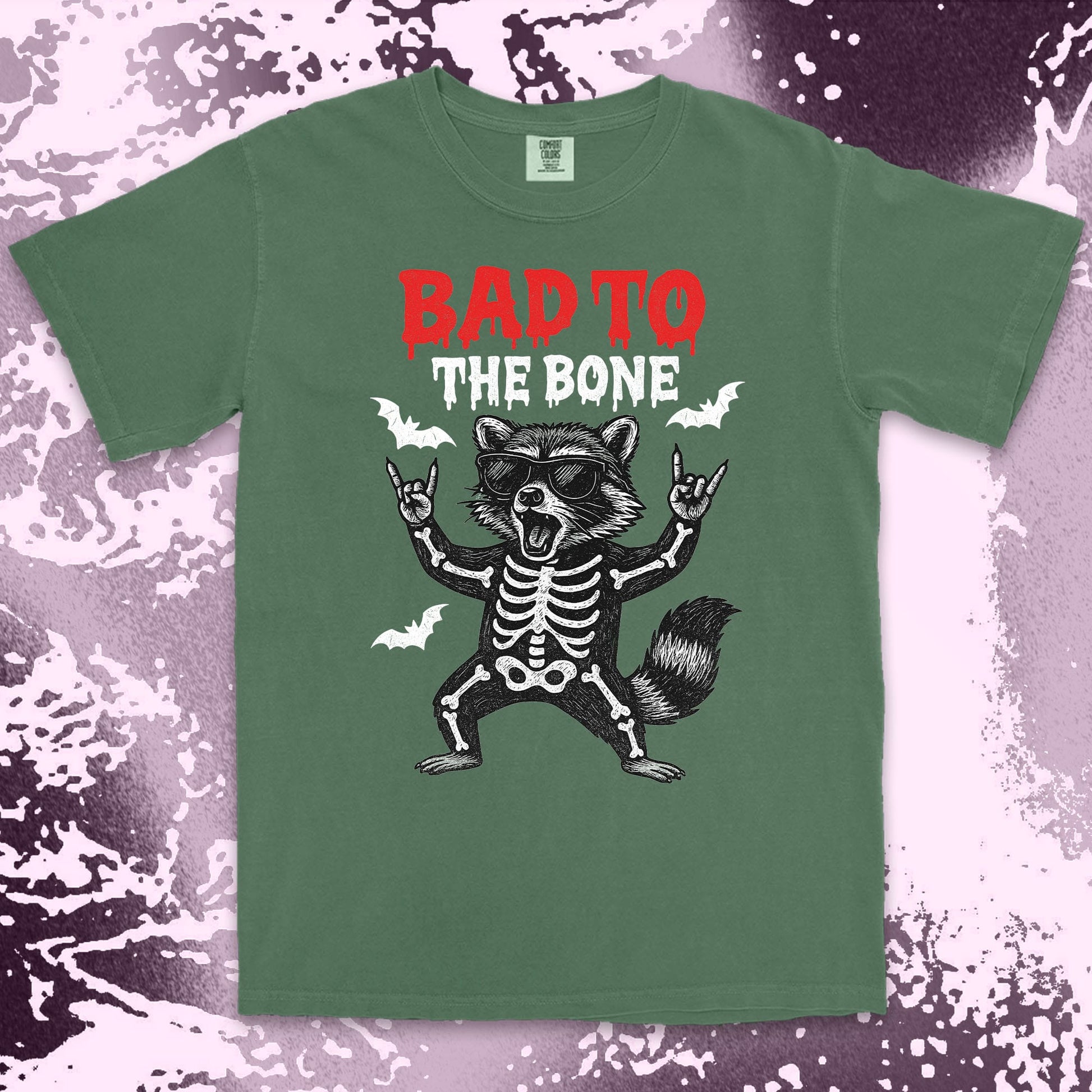 bad to the bone raccoon comfort colors t-shirt with skeleton and bats