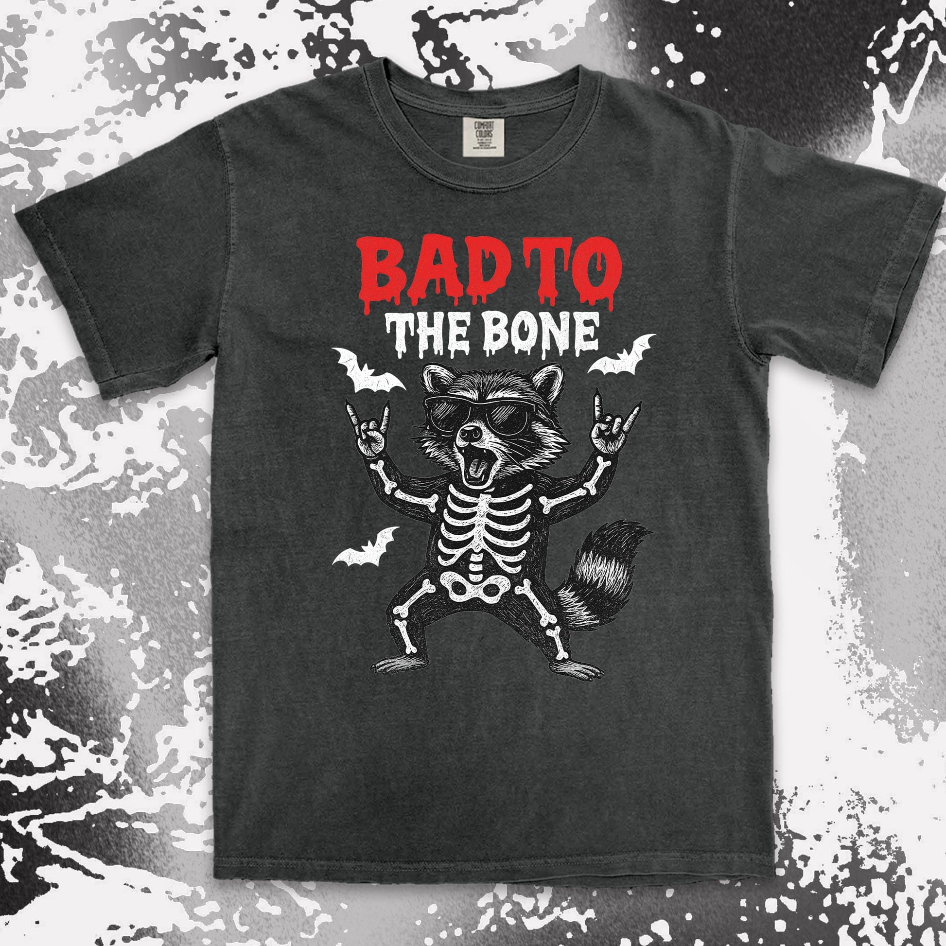 bad to the bone raccoon comfort colors t-shirt with skeleton and bats