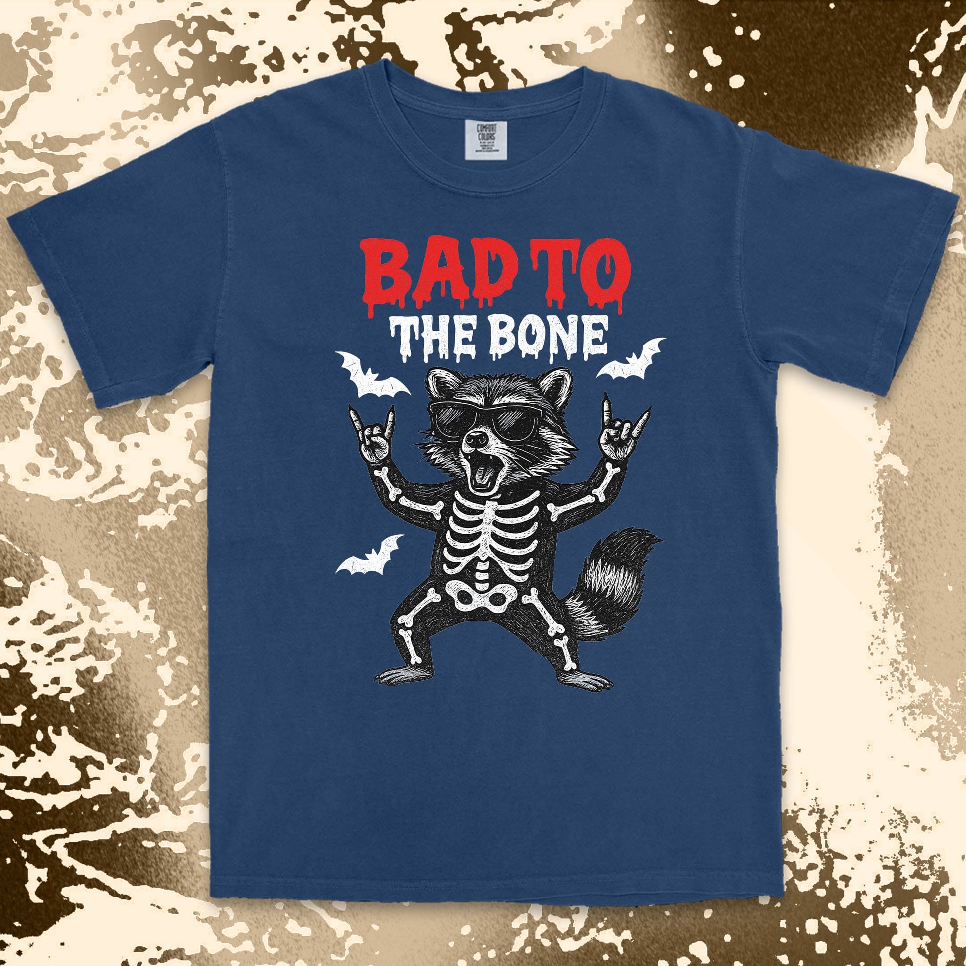 bad to the bone raccoon comfort colors t-shirt with skeleton and bats