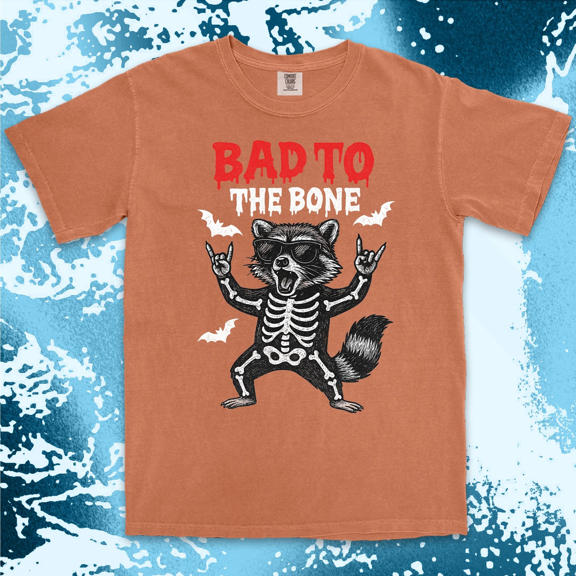 bad to the bone raccoon comfort colors t-shirt with skeleton and bats