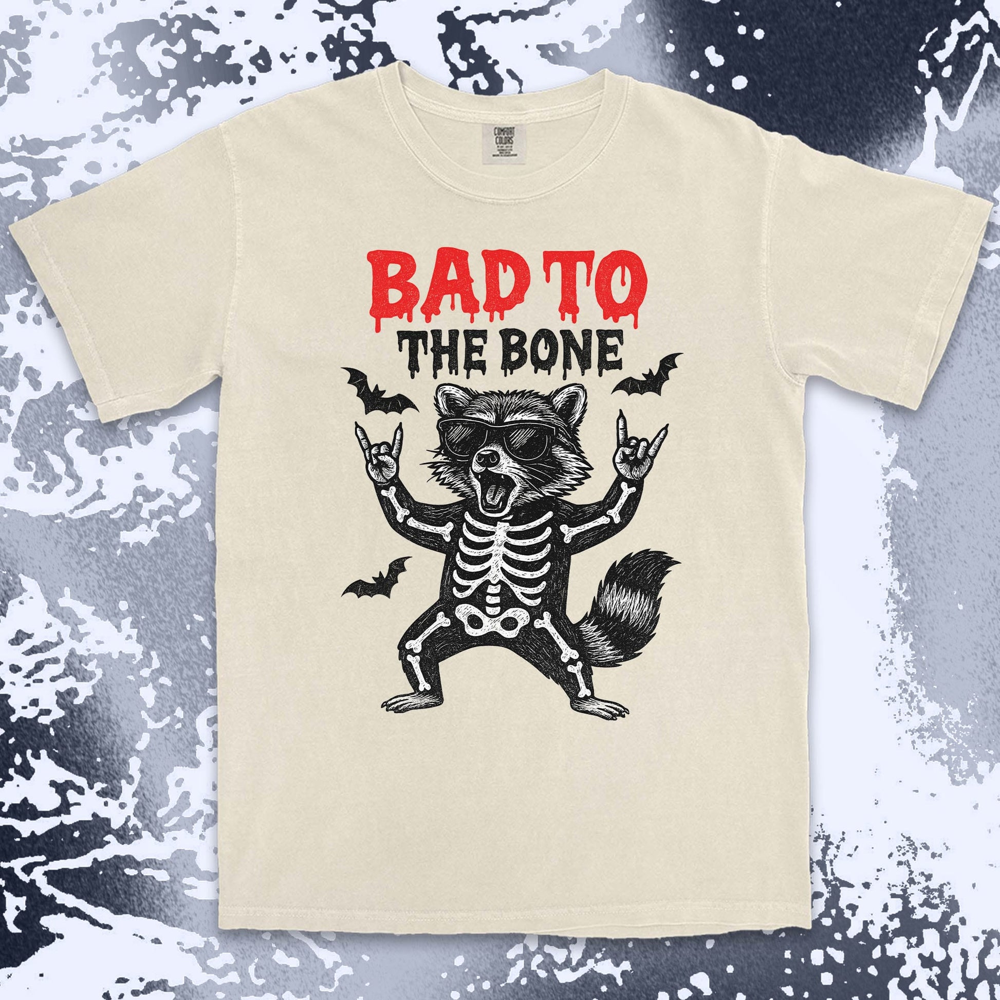 bad to the bone raccoon comfort colors t-shirt with skeleton and bats
