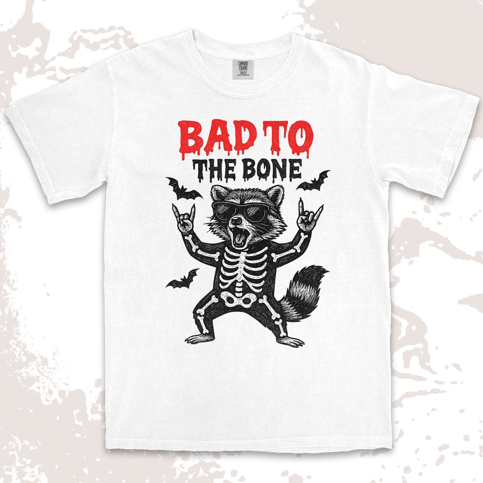 bad to the bone raccoon comfort colors t-shirt with skeleton and bats