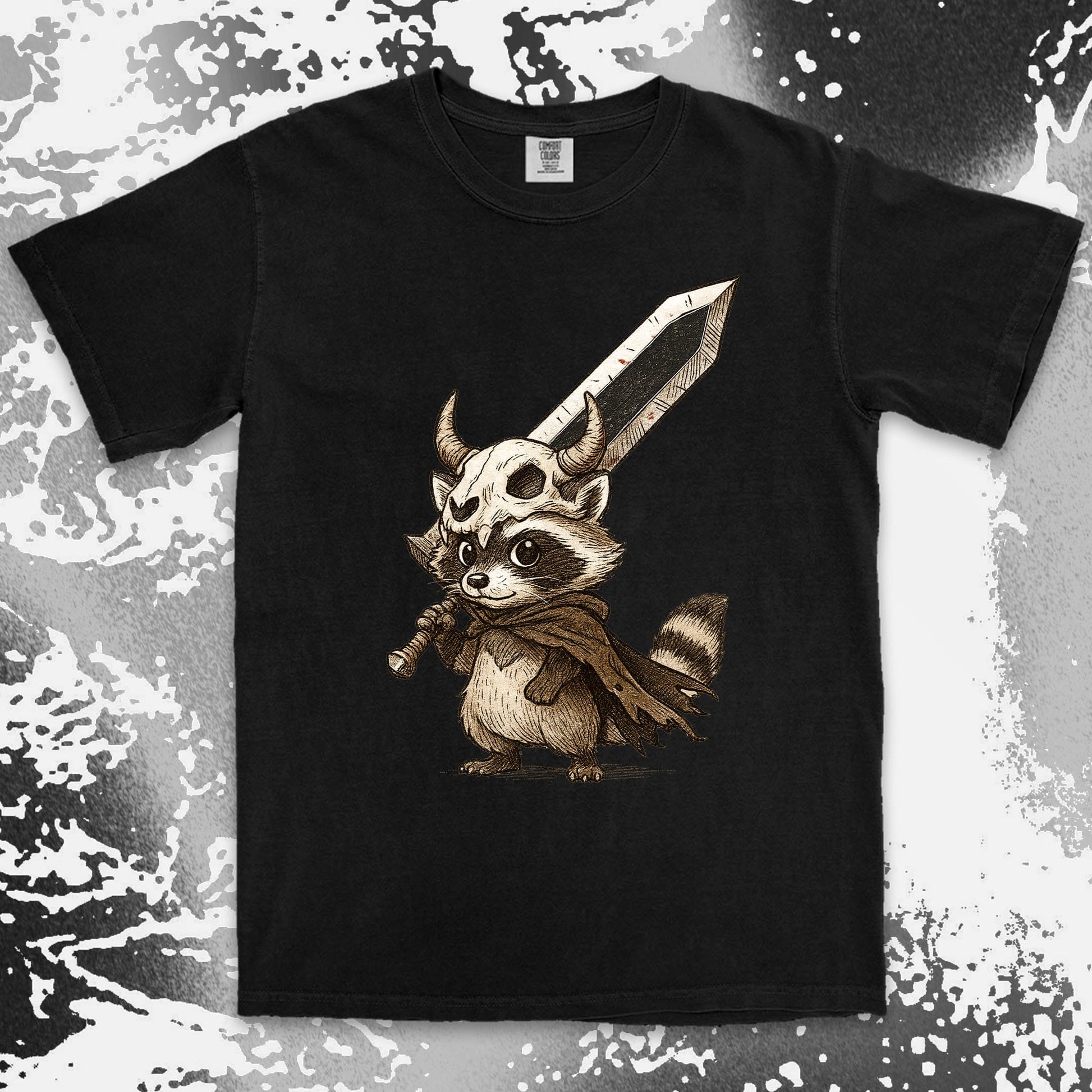 warrior raccoon comfort colors t-shirt with sword and skull helmet