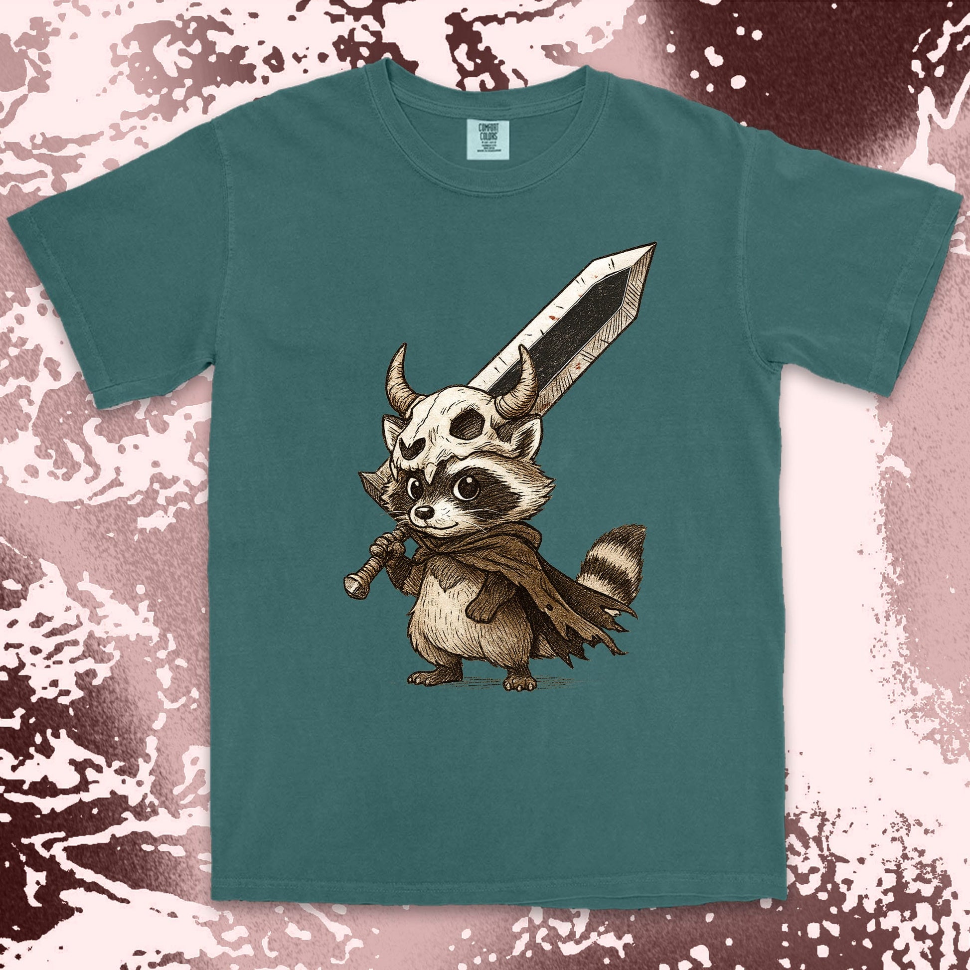 warrior raccoon comfort colors t-shirt with sword and skull helmet