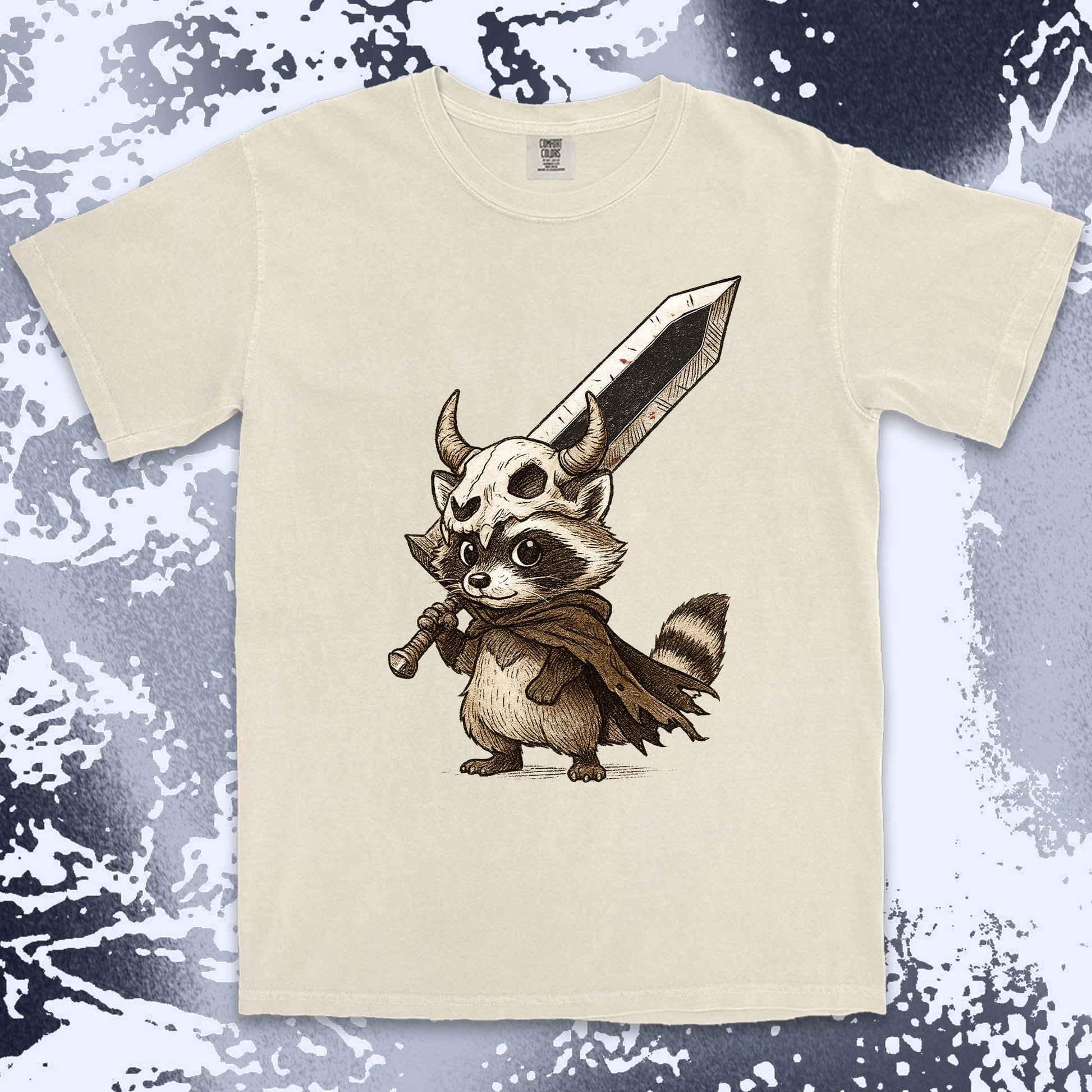 warrior raccoon comfort colors t-shirt with sword and skull helmet
