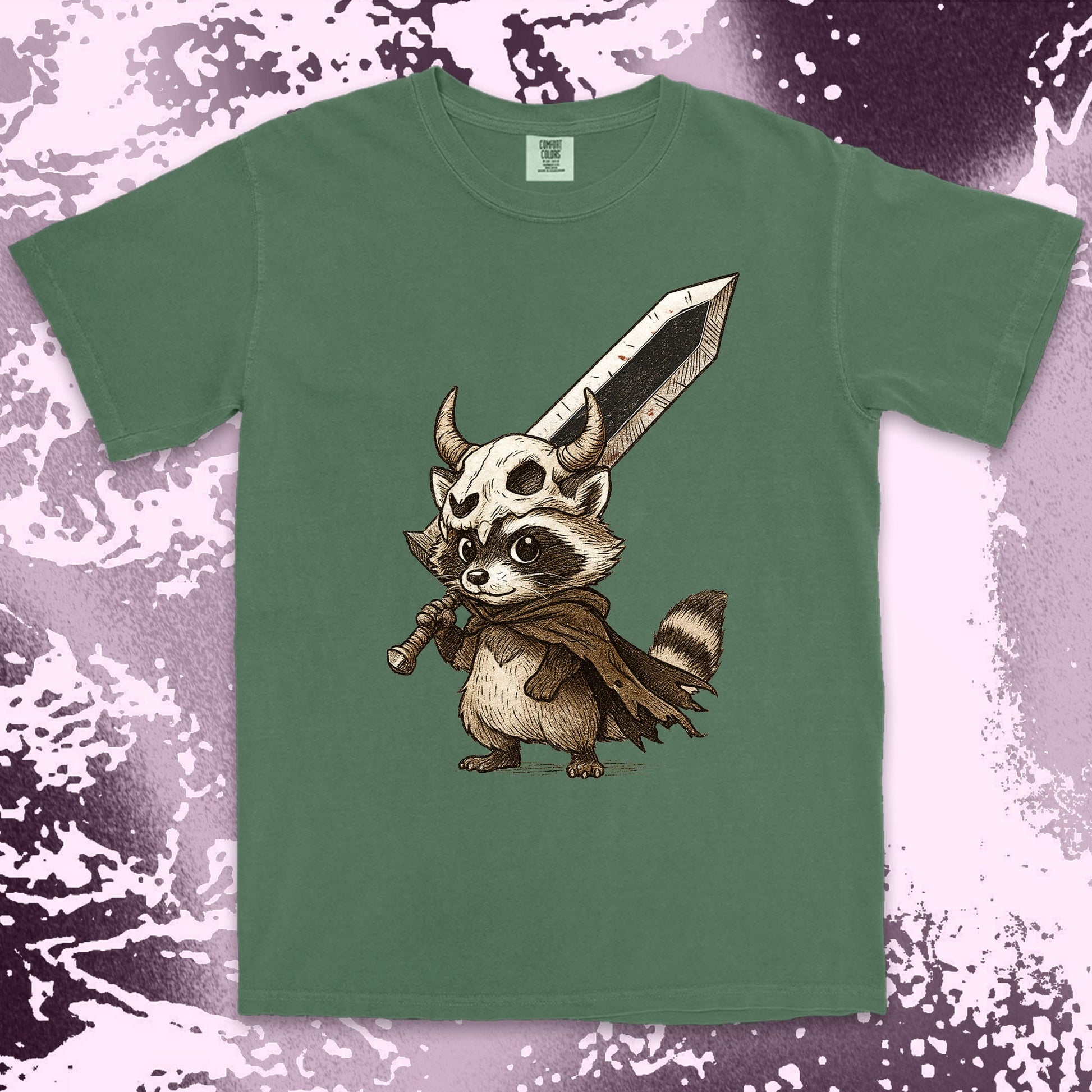 warrior raccoon comfort colors t-shirt with sword and skull helmet