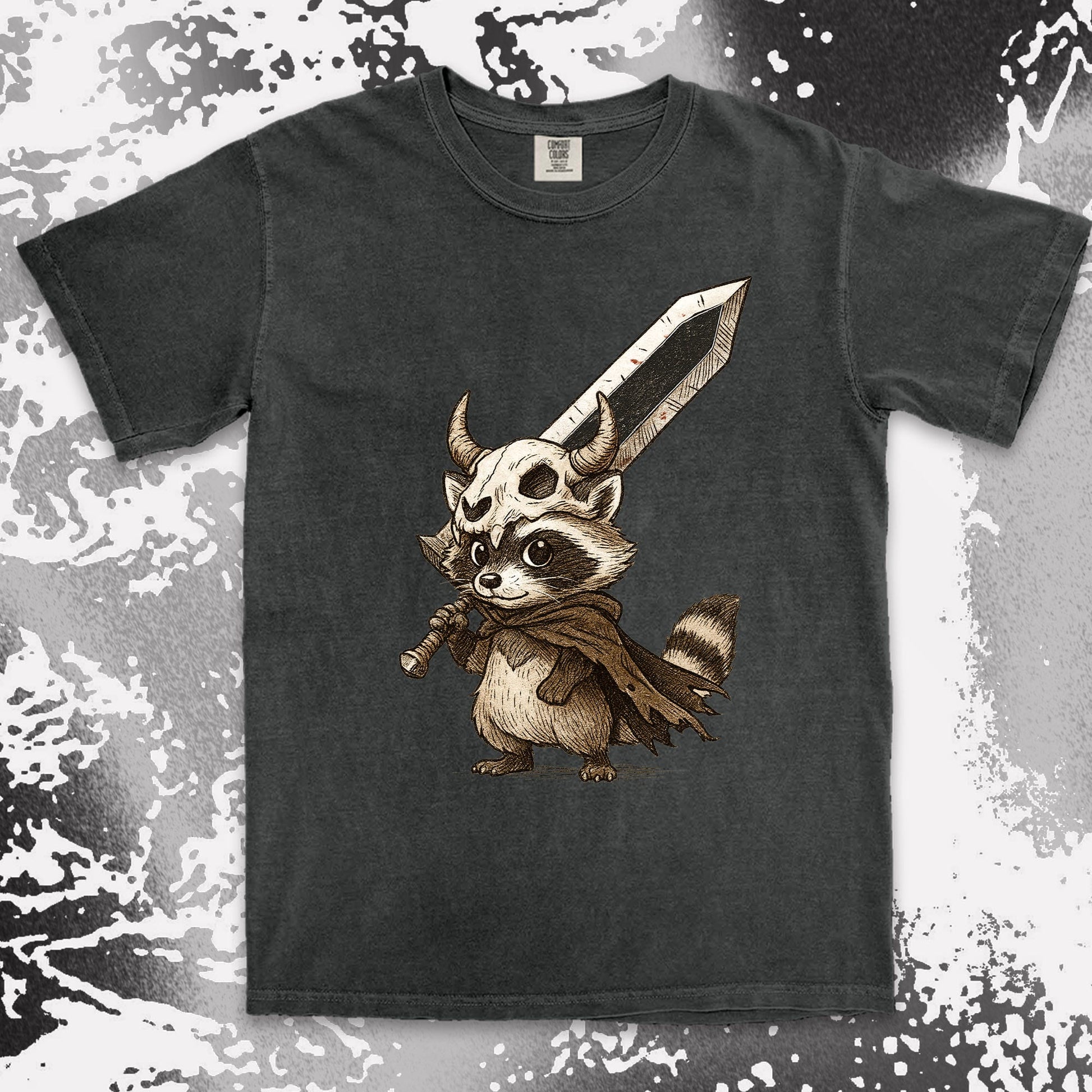 warrior raccoon comfort colors t-shirt with sword and skull helmet