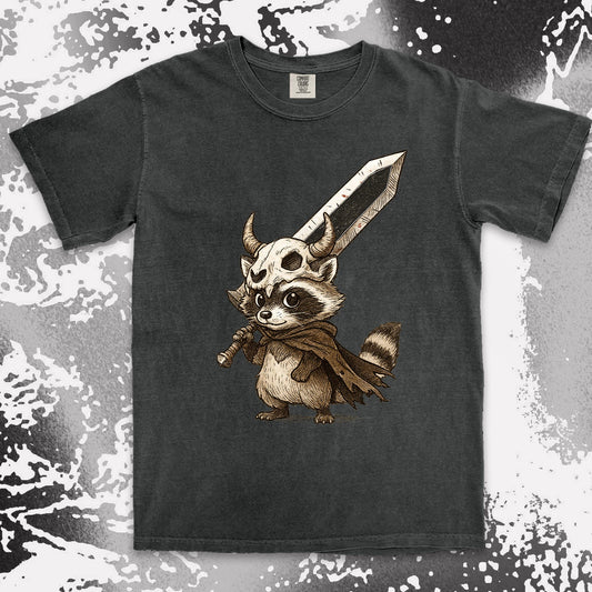 warrior raccoon comfort colors t-shirt with sword and skull helmet