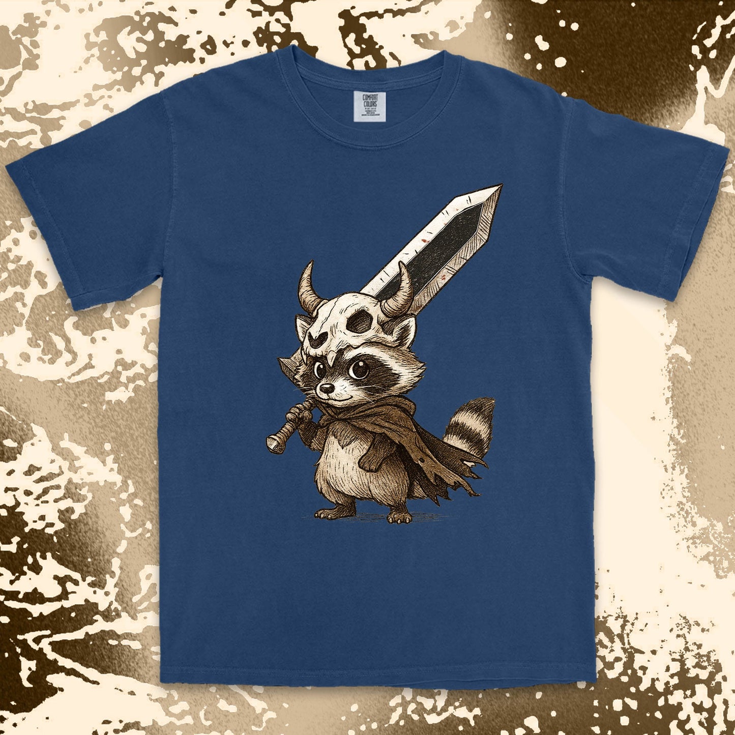 warrior raccoon comfort colors t-shirt with sword and skull helmet