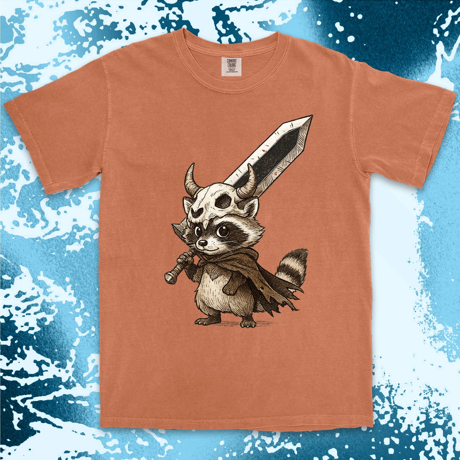warrior raccoon comfort colors t-shirt with sword and skull helmet