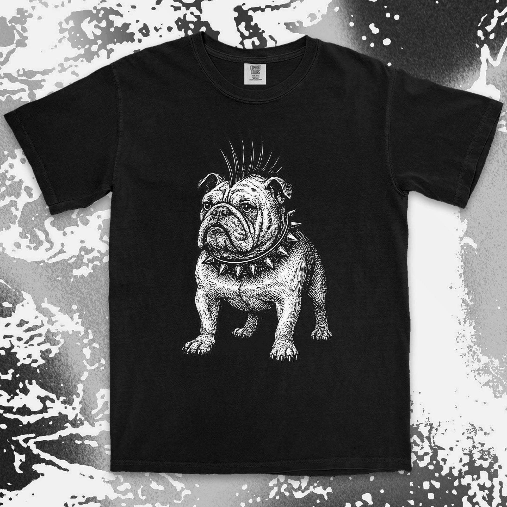 punk bulldog comfort colors t-shirt with mohawk and spikes collar