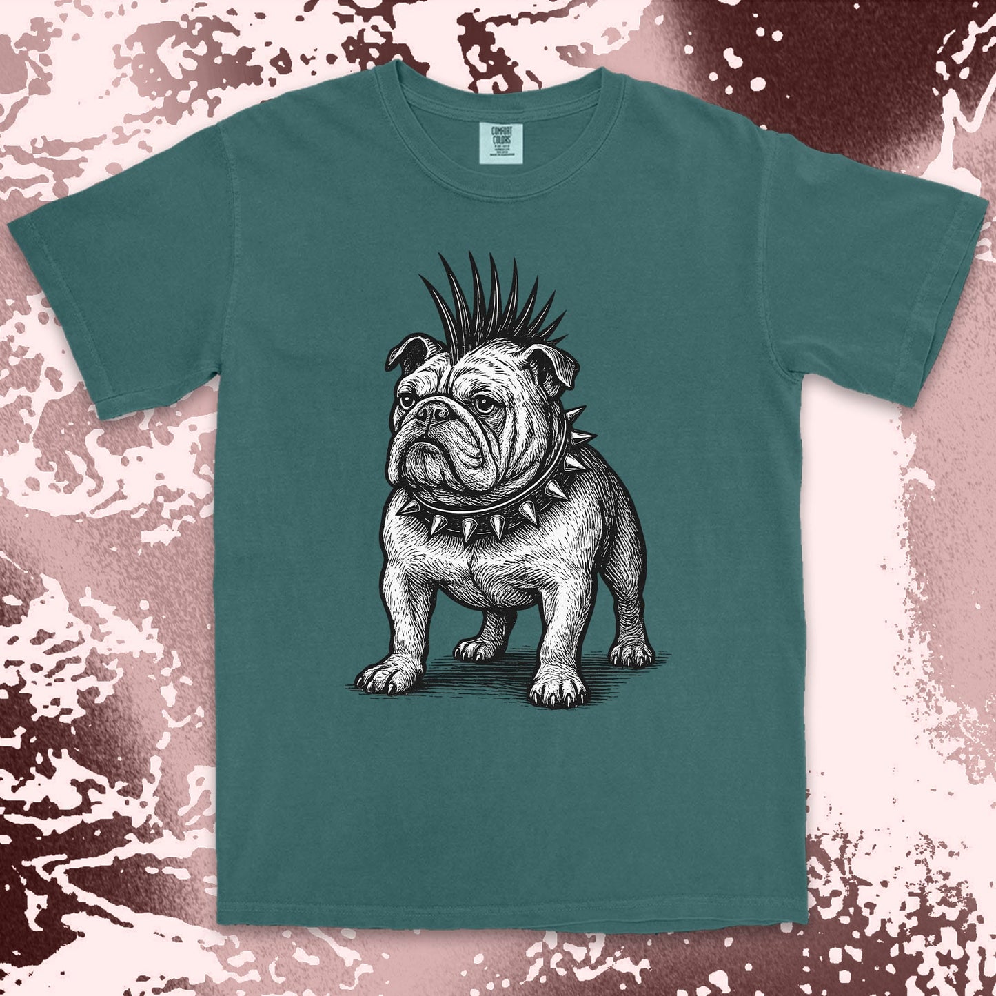 punk bulldog comfort colors t-shirt with mohawk and spikes collar