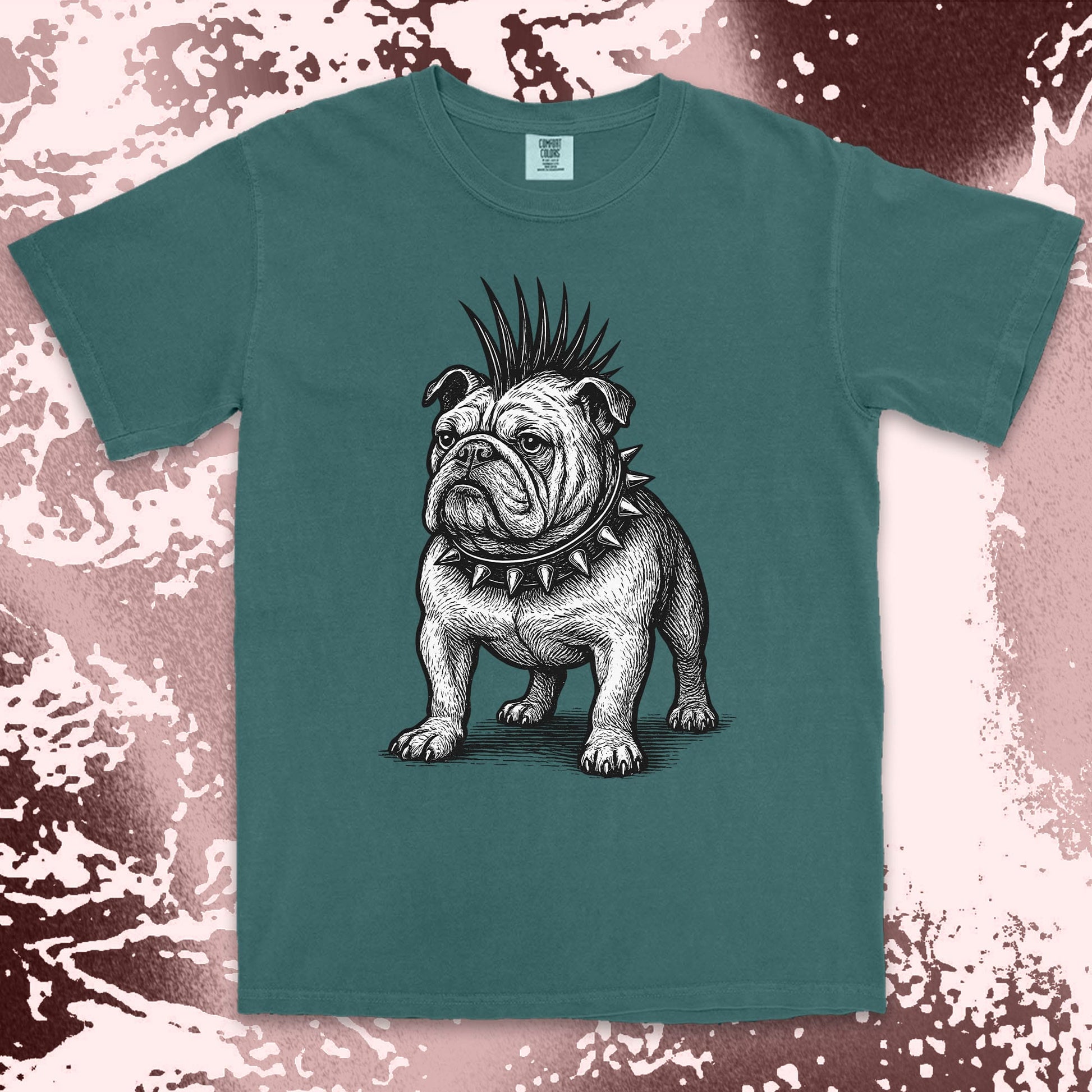 punk bulldog comfort colors t-shirt with mohawk and spikes collar